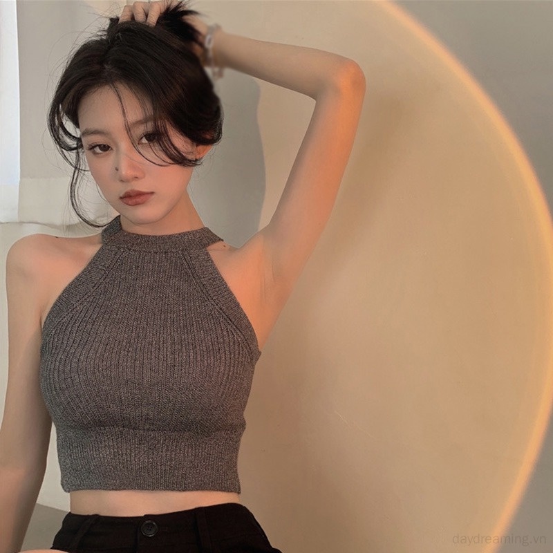 Áo Croptop Hai Dây Dệt Kim Màu Sắc Trơn Nhẹ Đơn Giản Dành Cho Nữ