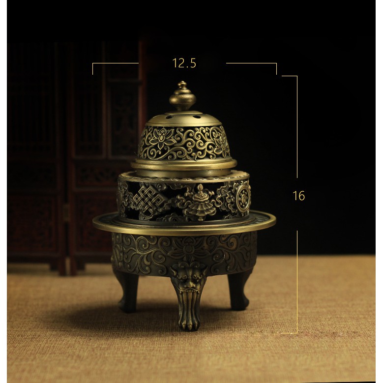 Đỉnh trầm hương hợp kim mạ đồng - hoa văn cổ L2330 ( đồng vàng )