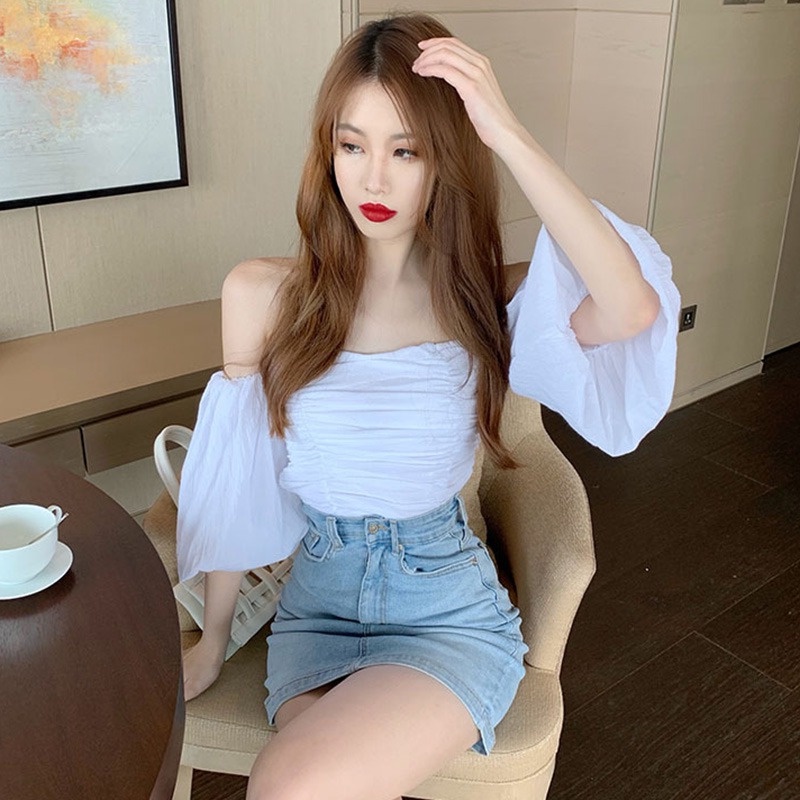 Áo Croptop Trễ Vai Màu Sắc Thanh Lịch Cho Phái Nữ
