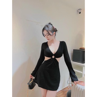 Đầm body tay dài cổ tim hở eo 2 bên