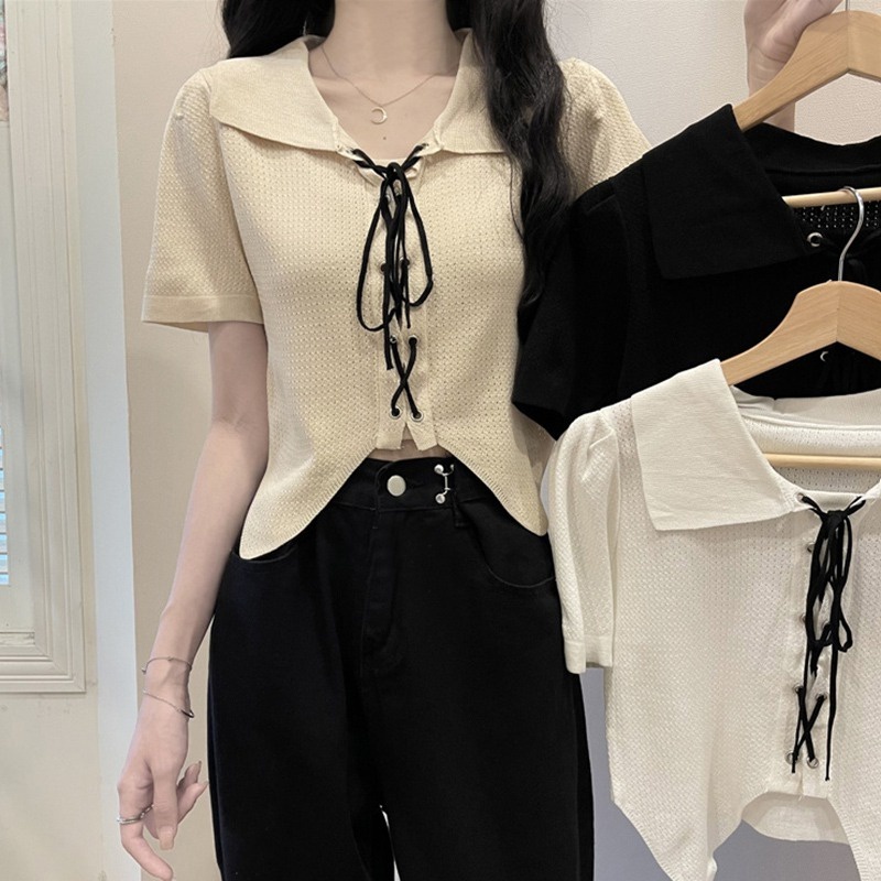 Áo Sơ Mi Tay Ngắn Phồng Phối Cà Vạt Phong Cách Retro Dành Cho Nữ