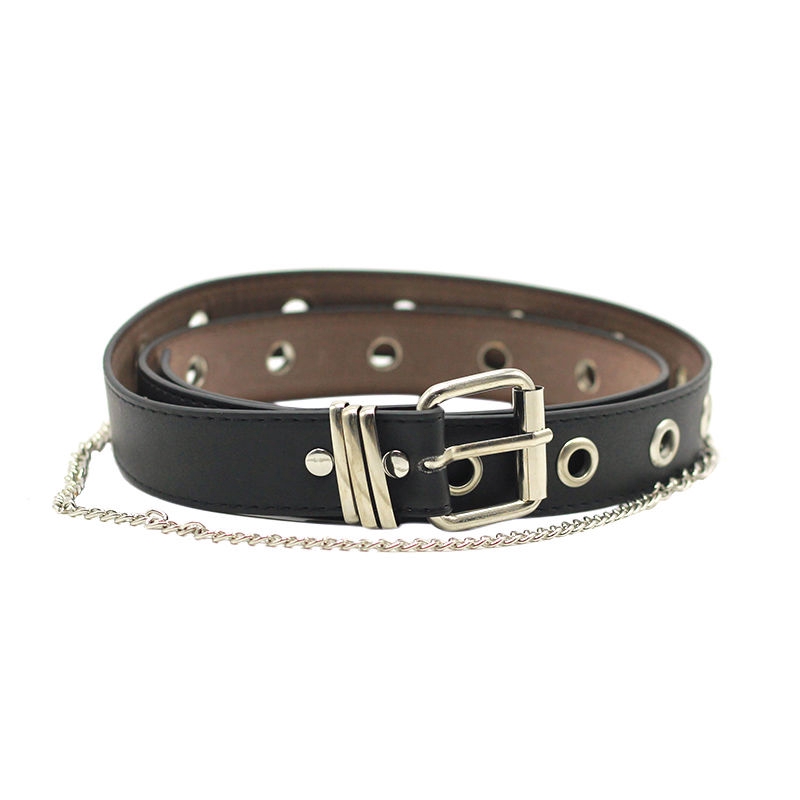 Thắt lưng đen phong cách Punk thiết kế đơn giản kèm dây đeo sợi xích thời trang