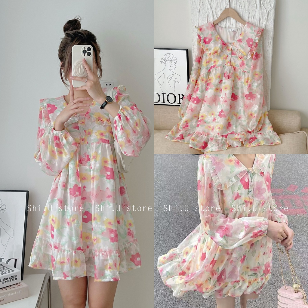 Váy hoa babydoll dài tay voan tơ cổ bèo 2 lớp dáng ngắn đầm hoa xòe xinh xắn