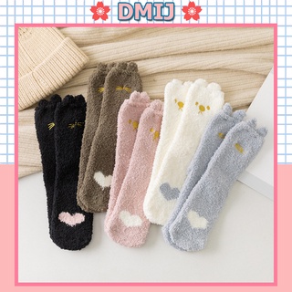 Tất len lông cừu nữ cổ cao thêu hình mèo trái tim cho mùa thu đông