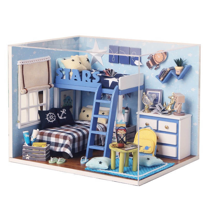 Mô hình nhà DIY Doll House Star Room Kèm Mica chống bụi, Bộ dụng cụ và Keo dán