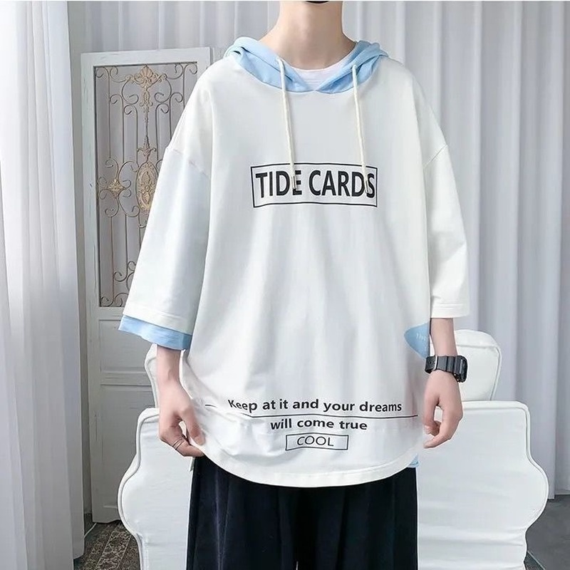 Áo hoodie ngắn tay dáng rộng phong cách Hàn Quốc thời trang mùa hè cho nam