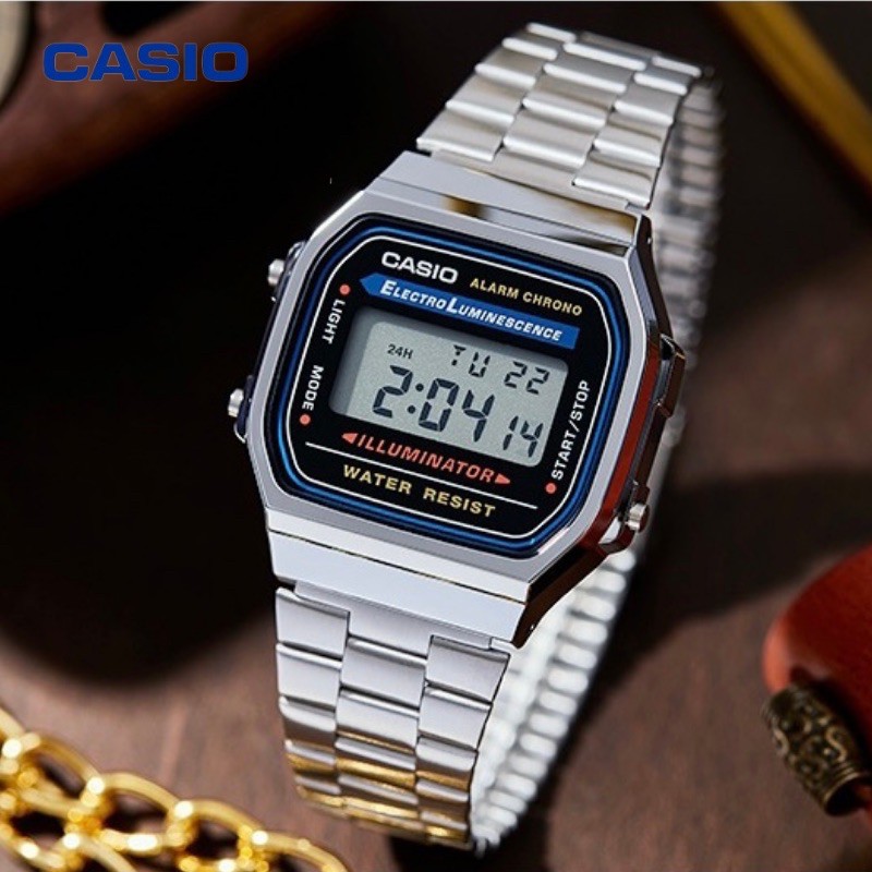 Đồng hồ  nam nữ Casio điện tử chính hãng mặt vuông chống nước 3ATM , dây kim loại - đồng hồ A168