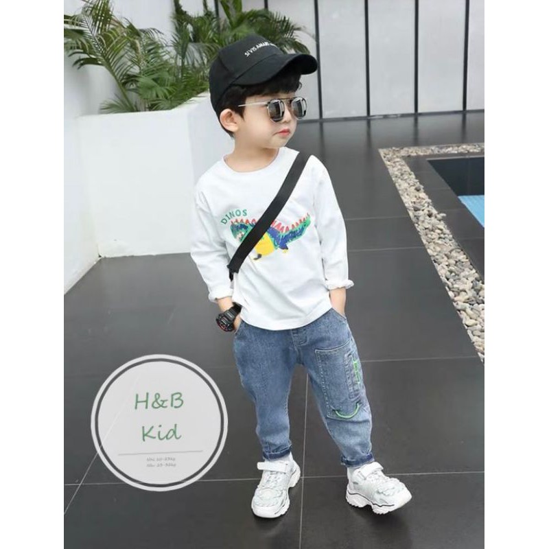 Bộ thun bé trai áo thun cotton quần jean haivanco hình khủng long siêu chất cho bé 8 đến 35 kg mềm mại thoáng mát