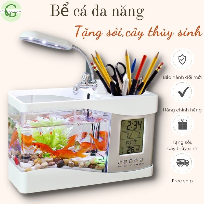 Bể Cá Mini [Đồng Hồ + Đèn Bàn + Sỏi, Cây Thủy Sinh] Bể cá để bàn-Hồ cá