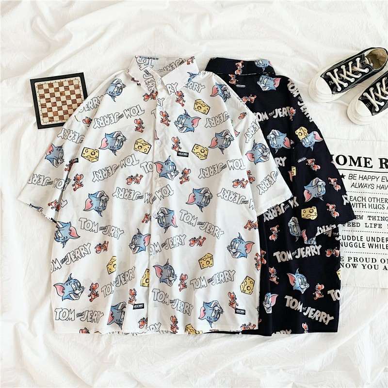 áo sơ mi nữ unisex in hoạt tiết hoạt hình tom and jerry