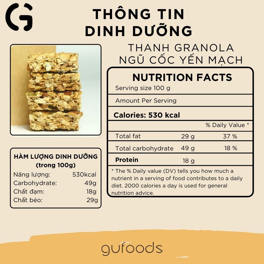 Thanh granola ngũ cốc yến mạch GUfoods - Giàu chất xơ &amp; protein, Lành mạnh, Bổ dưỡng (40g/100g/250g/440g)