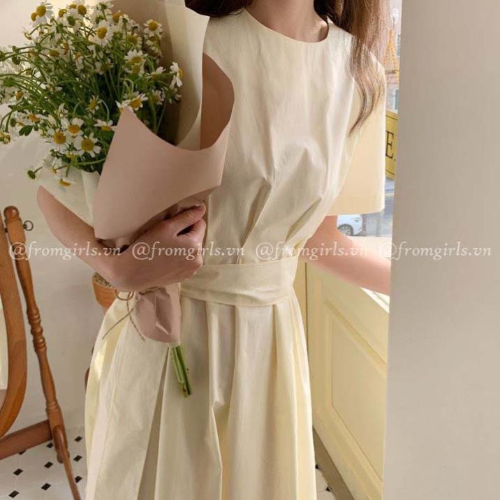 PA Váy maxi thắt nơ eo rơi, đầm xếp ly eo kèm thắt lưng (ảnh thật) Hàn Quốc - V43FG
