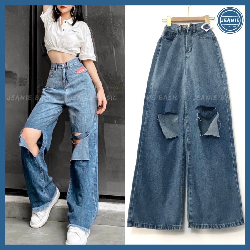 Quần jean nữ JEANIE loang màu ống rộng rách gối cá tính form dài trùm giày