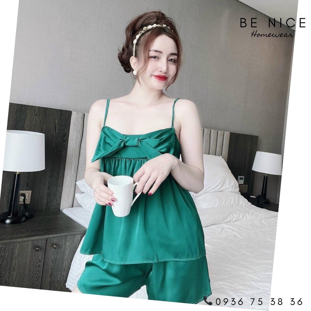 Bộ hai dây lụa phối nơ ngắn nhiều màu trơn cho nàng  nhà Be Nice Homewear