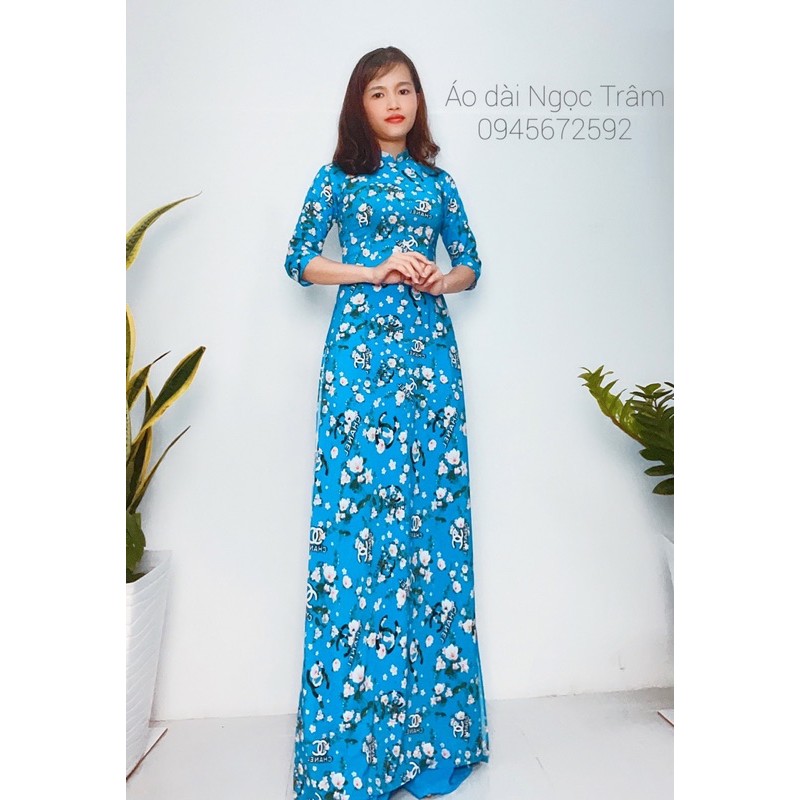 Áo dài truyền thống may sẵn hoa nhí xanh dương