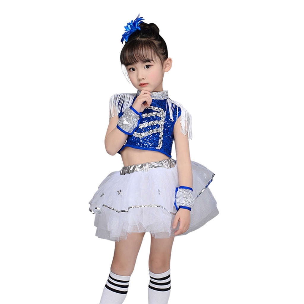 Bộ đồ trình diễn phối tua rua đính kim sa màu xanh dành cho unisex