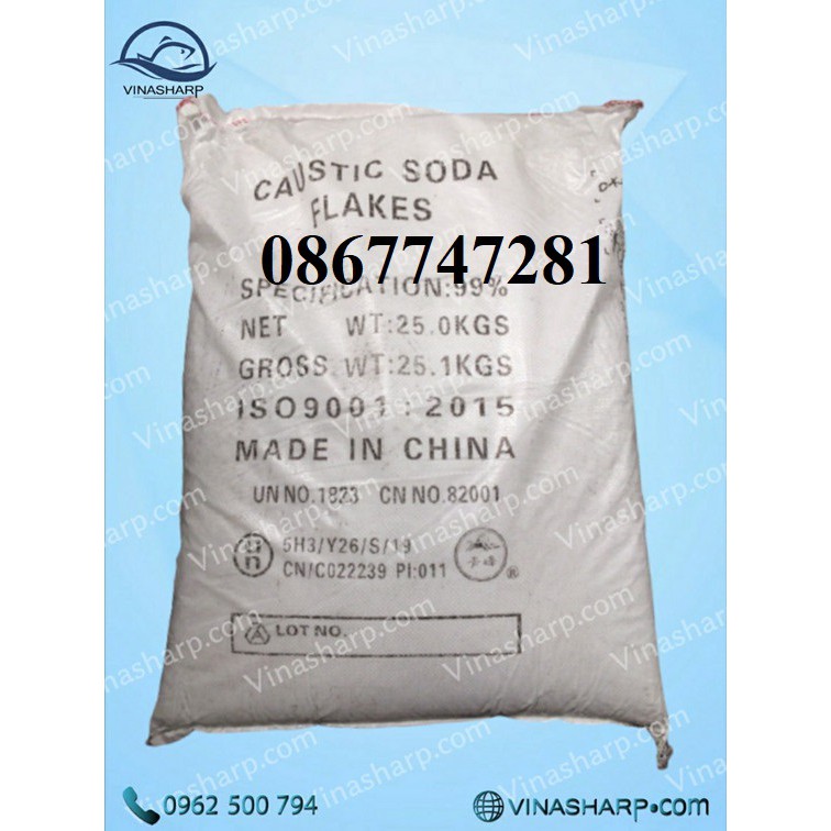 Naoh 99% - caustic soda flakes Xút vảy  dùng trong nuôi trồng thuỷ sản, Xuất xứ: Trung Quốc  (25kg/bao)