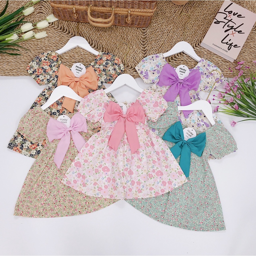 Váy hoa thắt nơ ngực chất thô lụa mềm mịn cho bé gái 8-22kg