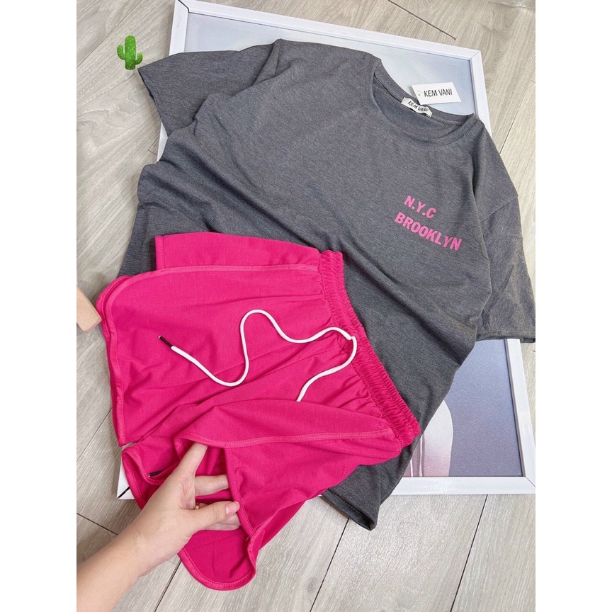 set đồ bộ áo thun form rộng xám hồng in chữ cực hot chất cotton mềm p