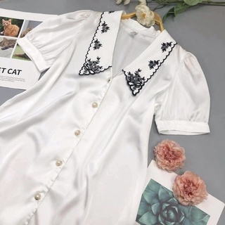 Váy ngủ sơ mi cổ nhọn trắng trơn lụa 1