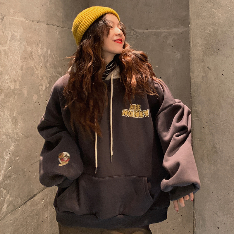 Áo nỉ hoodie nữ form rộng Áo hoodie nữ form rộng nỉ bông có mũ dài unisex oversize hình HONEY BREAD màu xám | BigBuy360 - bigbuy360.vn