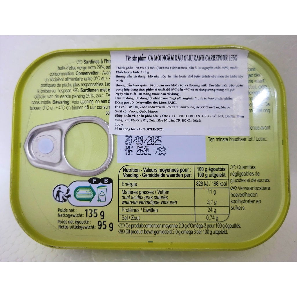 [Hộp 135g – XANH LÁ] CÁ MÒI NGÂM DẦU Ô LIU Classic [Morocco] CARREFOUR Sardines In Extra Virgin Olive Oil (atp)