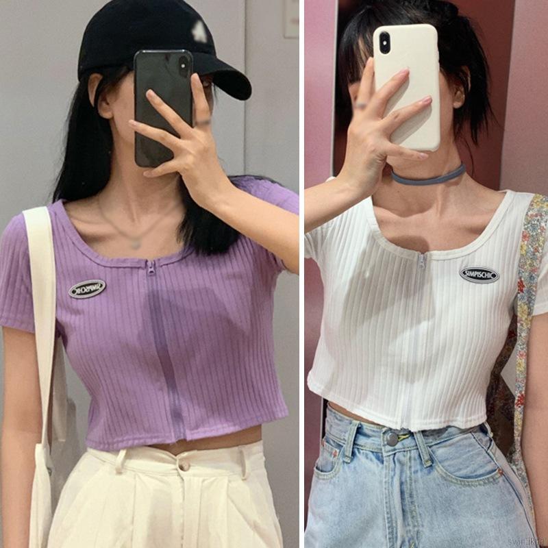 Áo croptop nữ tay ngắn cổ vuông phối khóa kéo xinh xắn thời trang