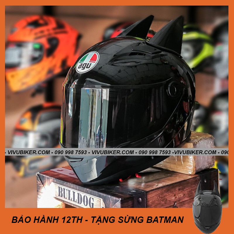 Nón bảo hiểm fullface đen bóng AGU m138 - Mũ bảo hiểm ASIA đen mờ nhám kèm sừng BATMAN chính hãng