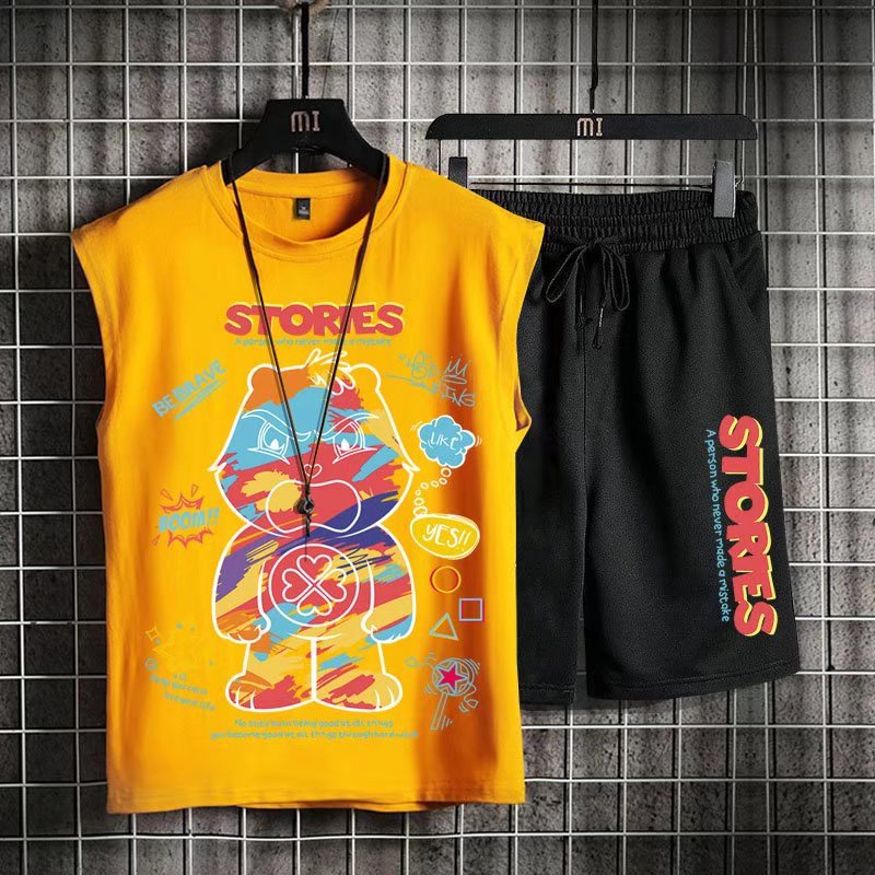 Bộ Đồ Thể Thao Hai Mảnh Áo Sát Nách In Hình Gấu Graffiti Thời Trang Mùa Hè Dành Cho Nam Size M-8XL