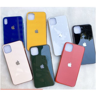 IPHONE 11 / 11PRO/11 PRO MAX - Ốp Lưng kính cường lực viền mạ crom cho máy logo táo cao cấp