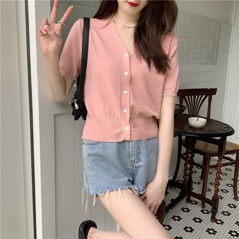 Áo Cardigan Dệt Kim Ngắn Tay Cổ Chữ v Phối Hàng Nút Thời Trang Mùa Hè 51554 | BigBuy360 - bigbuy360.vn