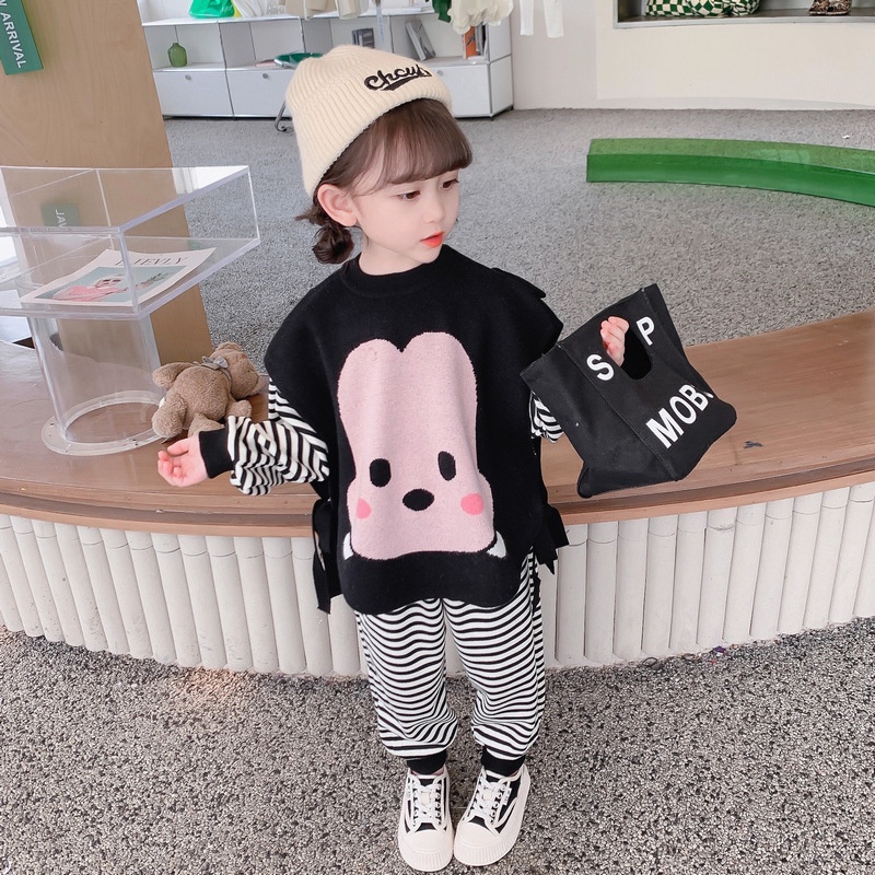 Set Đồ Thời Trang Mùa Thu 2022 Gồm Áo Sweater Kẻ Sọc In Hình Chuột Mickey Phong Cách Phương Tây Cho Bé Gái