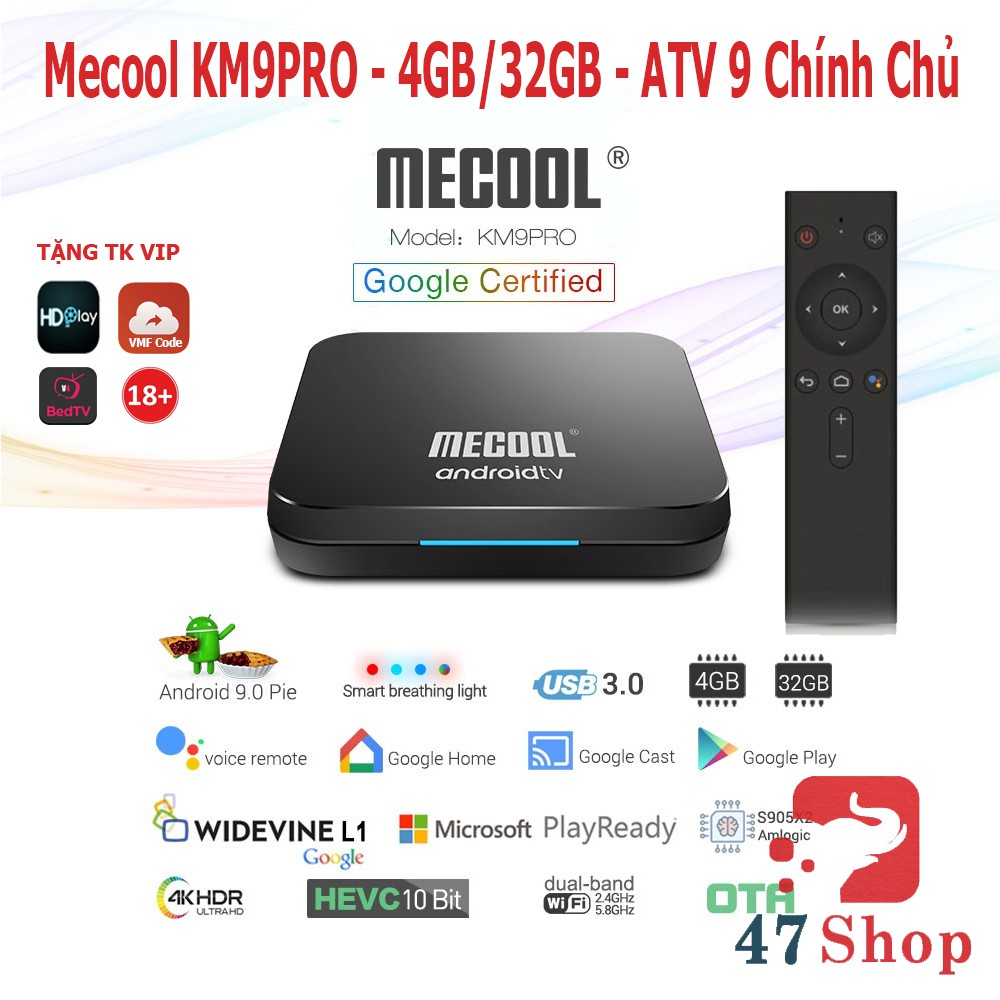 Android TV Box Mecool KM9 PRO - 4GB RAM, 32GB Bộ nhớ trong - ATV 9 Chính Chủ Như Mibox 4K