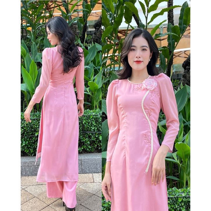 Áo dài hồng tơ ánh kim phối dây kết đá hiện đại-AD11