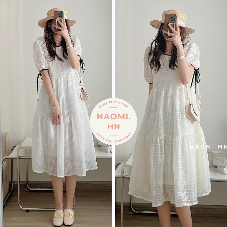 Váy babydoll ngắn tay ren phối viền chỉ buộc nơ 2 tầng xoè. Đầm babydoll ren hoa thừng tiểu thư tay phồng form rộng cute