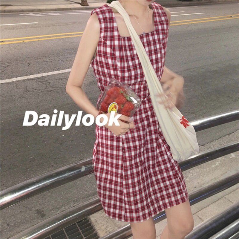 Summer Korean Style New Lace-up Waist Hugging Slim Retro PlaidAWomen's Student Sling Dress