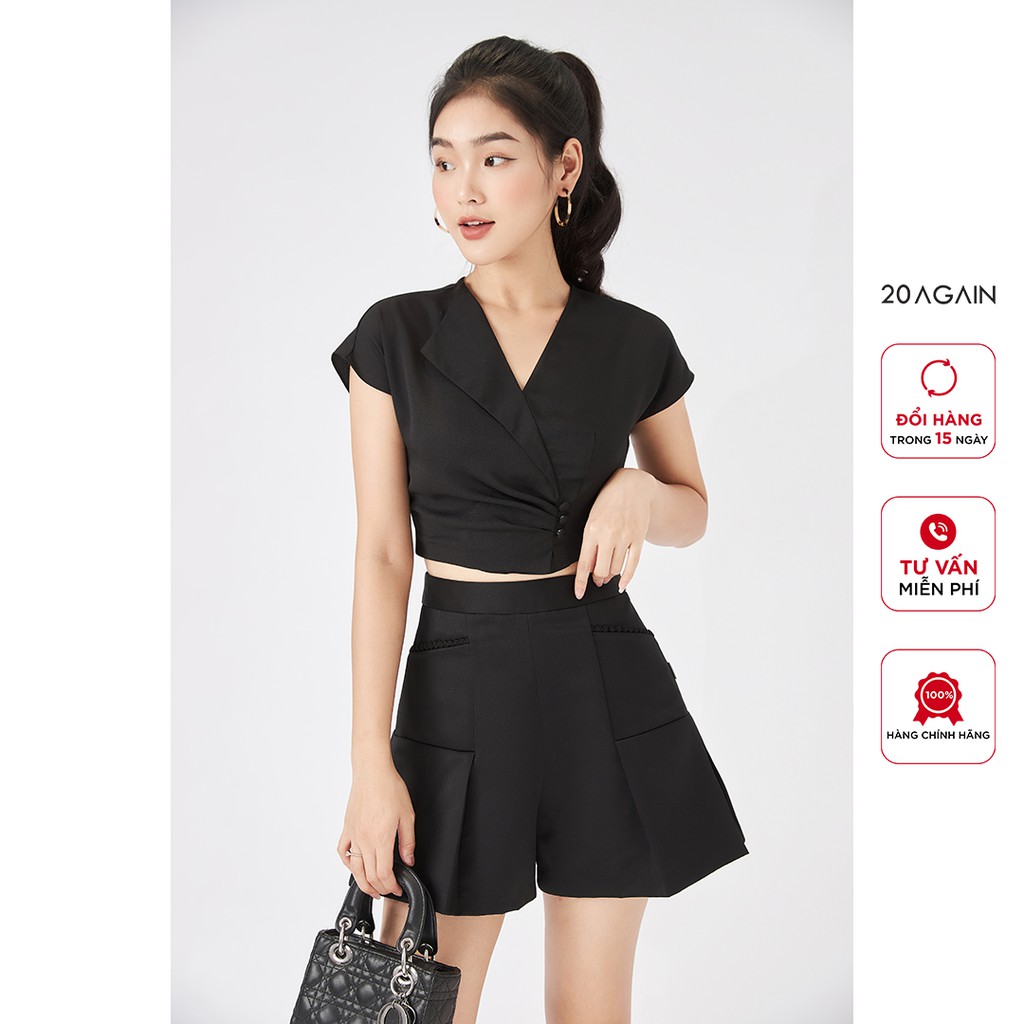 Áo sơ mi nữ vạt lệch 20AGAIN, sơ mi dáng ngắn đính khuy cá tính ASA1618