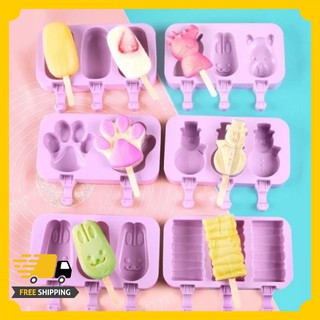 Combo 2 Khuôn làm kem que 3 ô tại nhà chất liệu silicone hình dáng siêu dễ thương tặng kèm que