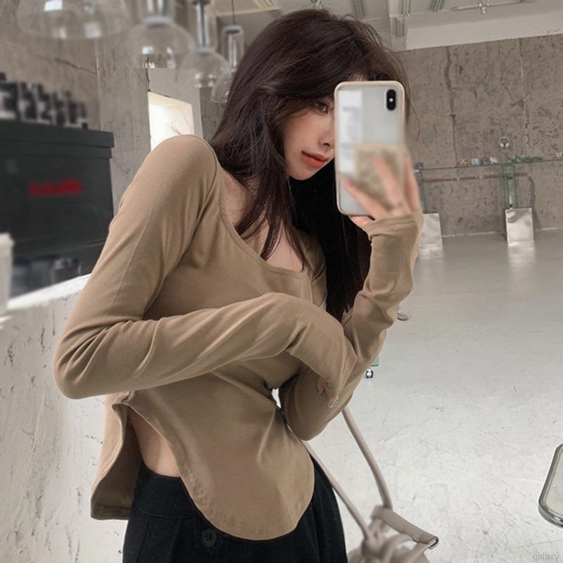 Áo Thun Tay Dài Cổ Thấp Màu Sắc Đơn Giản Phong Cách Hàn Quốc Thời Trang Cho Nữ