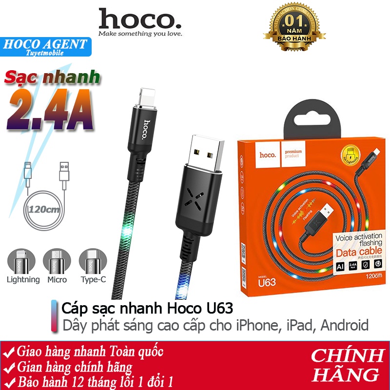 Cáp sạc nhanh Hoco U63 phát sáng LED đầu iPhone / iPad / Android dây dài 1.2m - Chính hãng