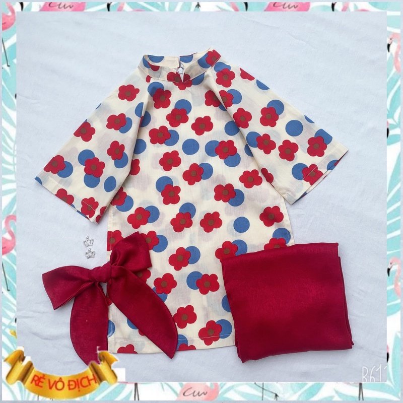 Áo dài bé gái Samkids  chất thô họa tiết hoa to, quần lụa đỏ cho bé từ 8 đến 23 kg phù hợp cho mùa hè