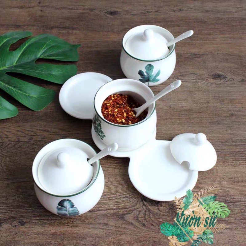 Hũ đựng gia vị họa tiết hoa văn lá xanh kèm khay cao cấp - VS39 | BigBuy360 - bigbuy360.vn