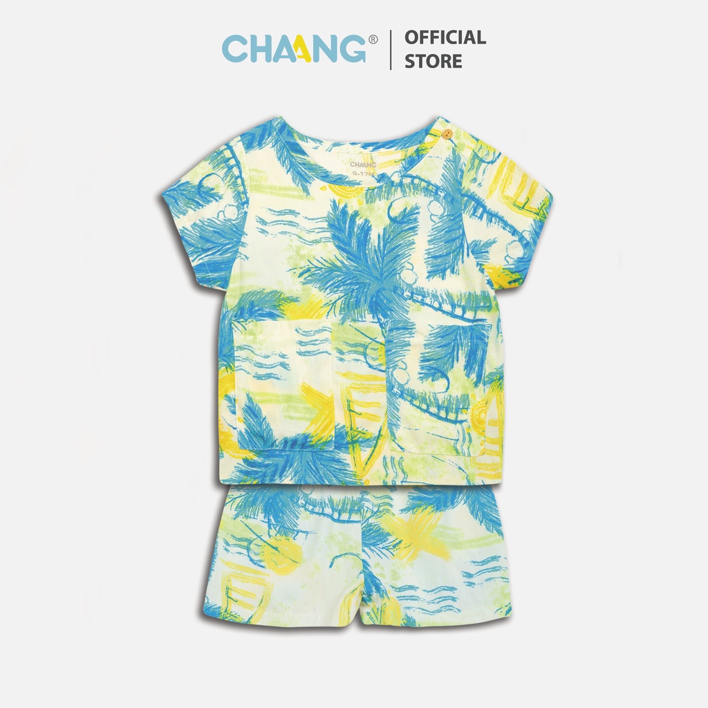 [CHAANG]Bộ quần áo cộc lanh cài vai cho bé Sea coconut CHAANG