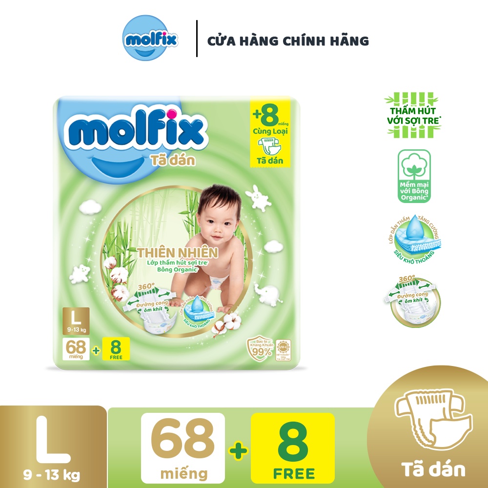 Tã/bỉm Quần/Dán Molfix thiên nhiên bông Organic tự nhiên size L68 tặng 8 miếng ( 9-12kg )