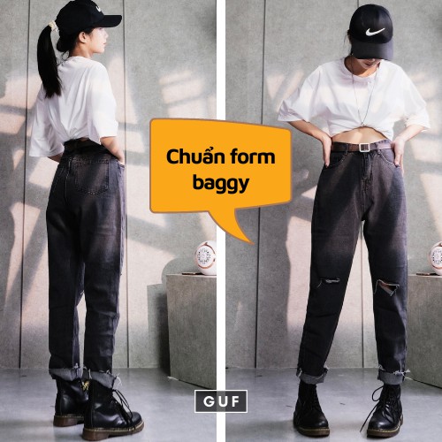 Quần Jean Nữ Dáng Baggy Rách Gấu Cạp Cao Màu Đen Xám Khói Ôm Eo GUF | BigBuy360 - bigbuy360.vn