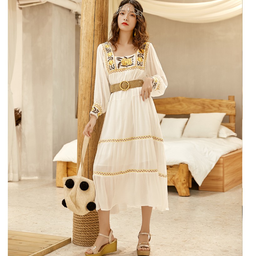 VÁY BOHEMIAN MAXI DÁNG XÒE THÊU HOA | VẢI XÔ MỀM MỊN