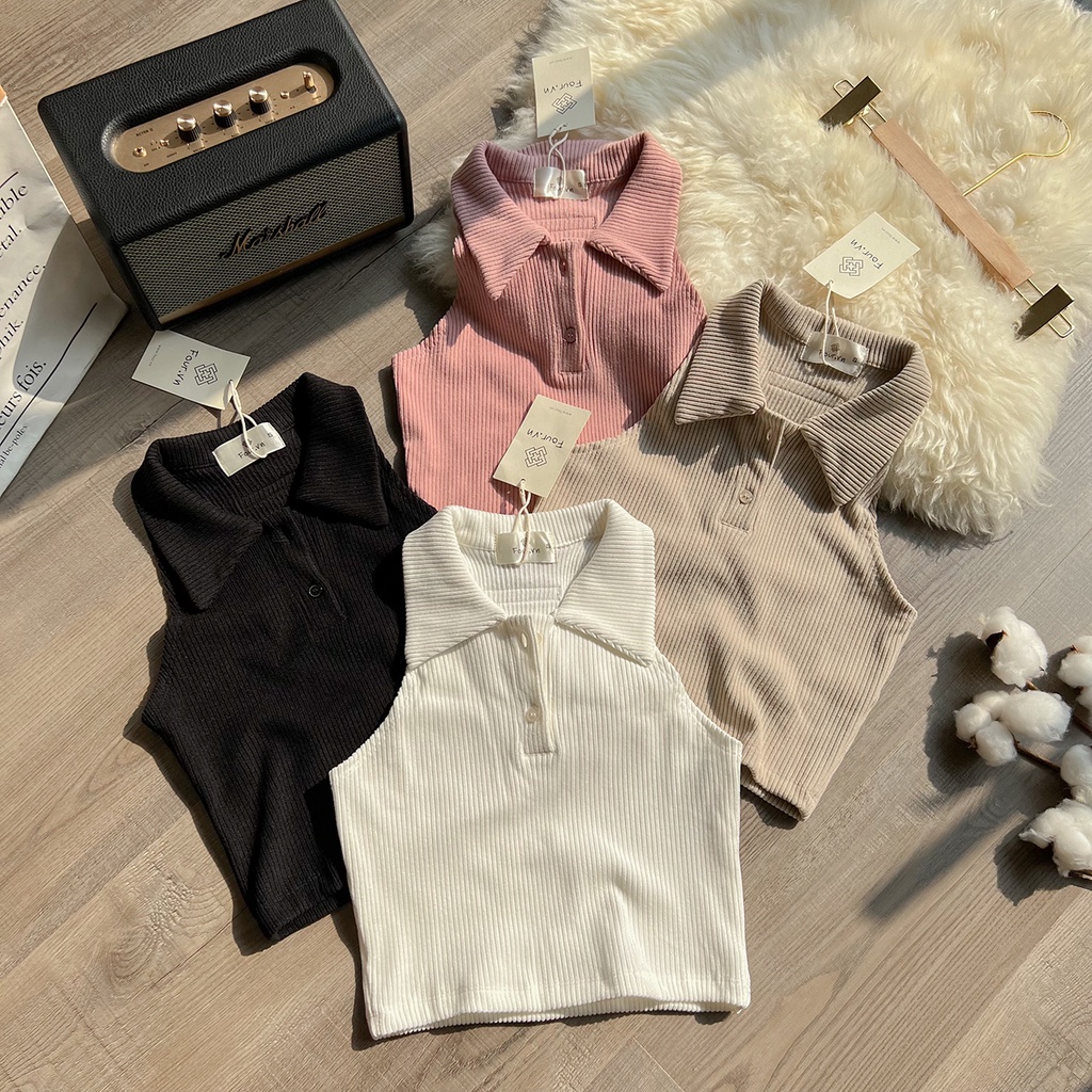 Áo thun sơ mi nữ trơn hàn quốc, 3 lỗ polo form croptop tay ngắn ôm body Four Studio A21