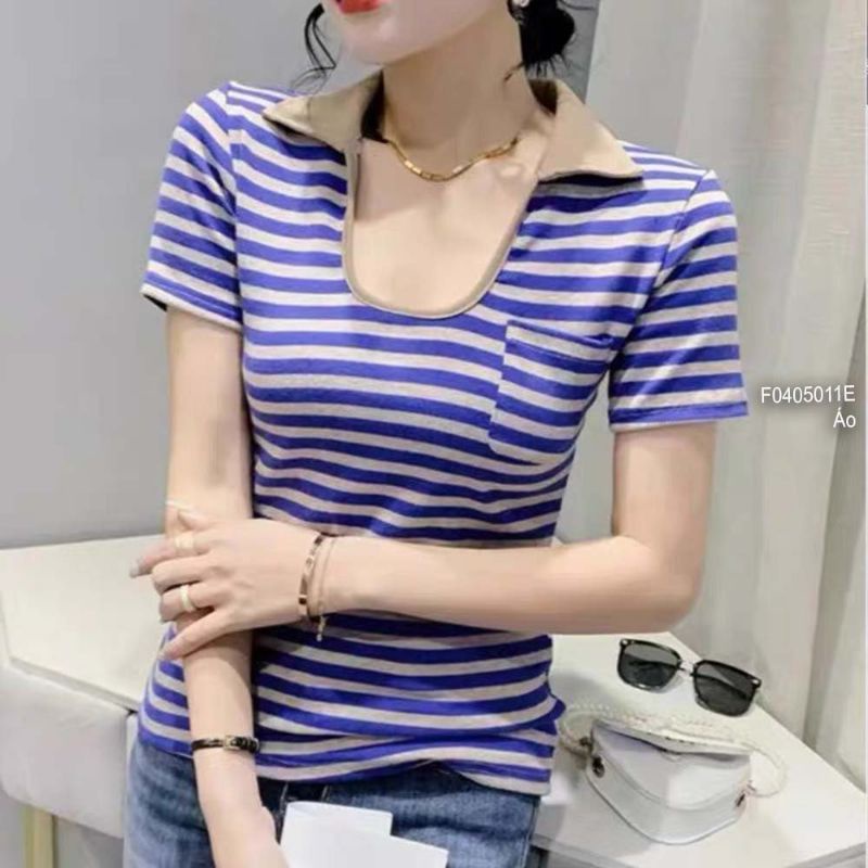 Áo len sọc cổ bẻ xẻ U một túi tay ngắn hàng Quảng Châu 0405