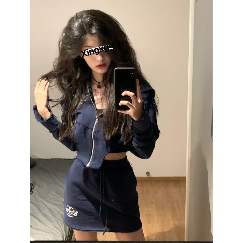 Bộ Áo Khoác Lửng Dài Tay + Chân Váy Thể Thao Phong Cách Retro Mỹ Xingxg Cho Nữ