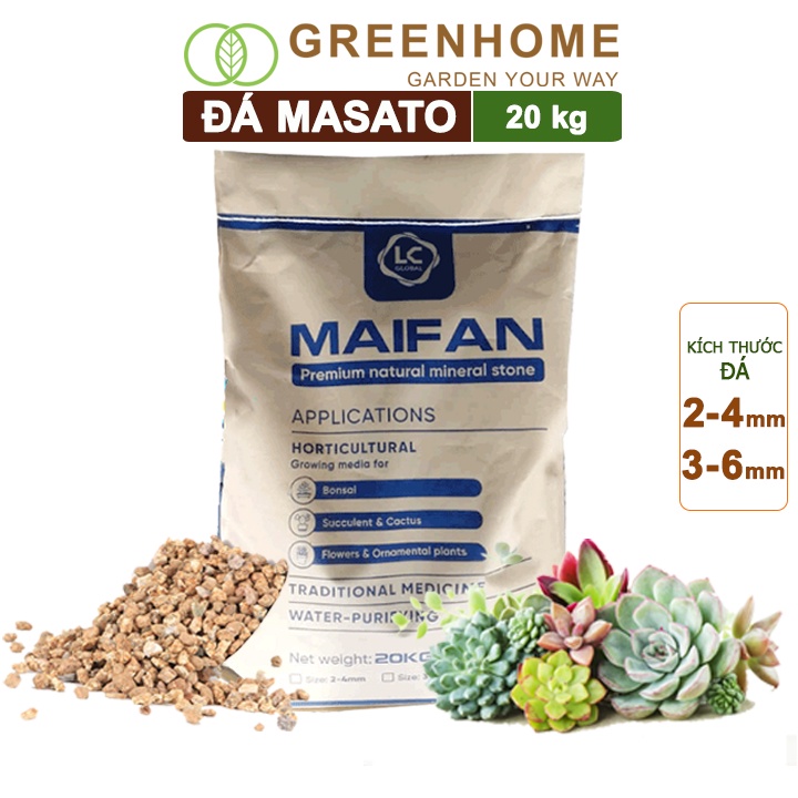 Đá khoáng masato Greenhome, bao 20kg, chuyên rải mặt kiểng lá, xương rồng, đậm màu sen, nhiều kích thước lựa chọn